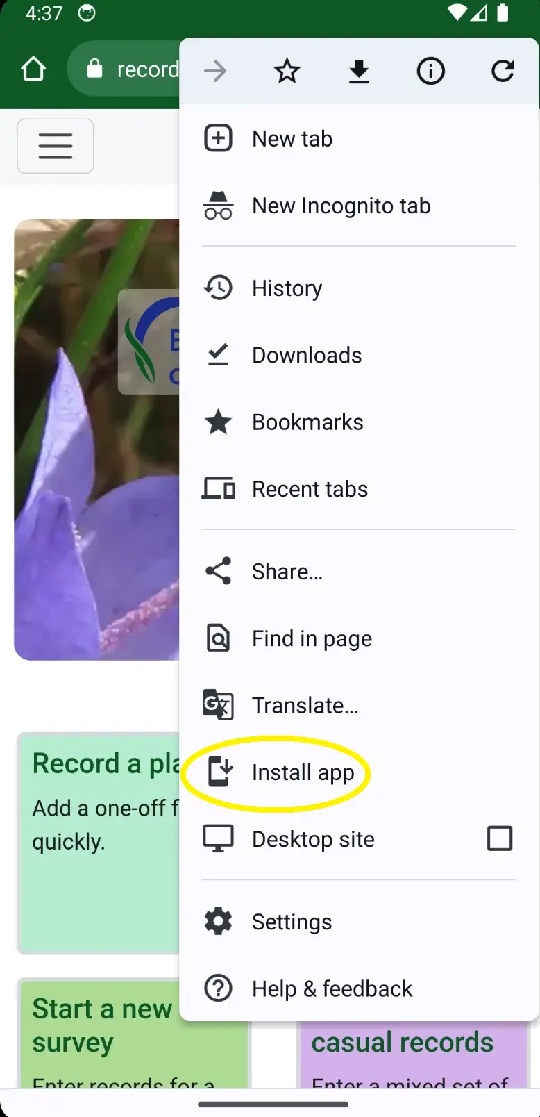 Installing on Android Chrome screenshot